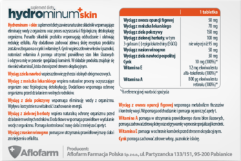 Tył opakowania Hydrominum +Skin z tabelą składników i szczegółowym opisem działania suplementu.