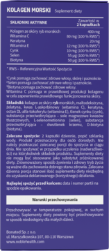 Tył ciemnoniebieskiego opakowania Kolagenu Morskiego, suplementu diety, z tabelą składników i opisem.