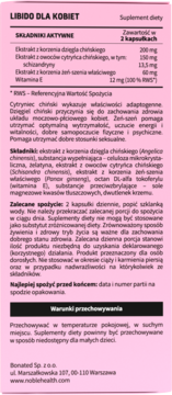 Suplement diety Libido dla kobiet, różowa etykieta z listą składników aktywnych i zaleceniami, pełny widok.