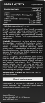 Tył opakowania suplementu Libido dla Mężczyzn. Tabela składników, sposób użycia, warunki przechowywania.