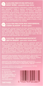 Tył opakowania wosku Tanita Click Pen Cherry Blossom do depilacji twarzy, biały z tekstem i kodem EAN.