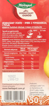Tył kartonika herbaty Herbapol Imbir z Pomarańczą i Pigwą. Widoczne składniki, wartości odżywcze i kod EAN.