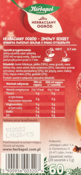 Tylna strona opakowania herbaty Herbapol Zimowy Sekret 60g z listą składników i wartościami odżywczymi.