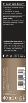 Tył brązowego opakowania dermokosmetyku do brody 40 ml, widoczny kod kreskowy i sekcja 'mamy na to dowody'.
