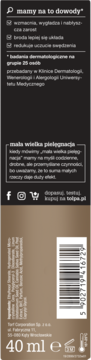 Tył opakowania olejku do brody Tołpa 40ml, ciemne tło z listą korzyści i brązowy spód z kodem kreskowym.