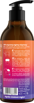 Tył brązowej butelki szamponu Hair Balance Kiwi 400ml z instrukcją OMO i składem.