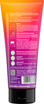 Tył tubki odżywki proteinowej Hair Balance 200ml, pomarańczowo-różowa, z opisem dla włosów bez objętości.