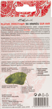 Tył opakowania płytki jadeitowej Gua Sha, zielony kamień z opisami zastosowań na białym tle z czerwonym wzorem.