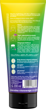Tył tubki odżywki Hair Balance 200 ml, zielono-żółto-fioletowej, z białym tekstem i kodem kreskowym.