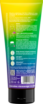 Tył tubki emolientowej odżywki Hair Balance mango 200 ml, z polskim opisem i tęczowym gradientem.