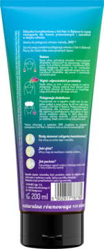 Tył opakowania odżywki humektantowej Hair Balance 200 ml, gradientowa tuba dla suchych włosów, malina.