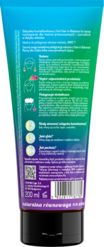 Tył turkusowo-fioletowej tubki Odżywki Humektantowej Hair in Balance 200ml z opisem na suche włosy i zapachem maliny.