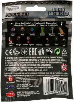 Tył czarnej saszetki Minecraft Nano Metalfigs z listą 13 figurek, widoczne postacie: Steve, Creeper, Zombie.