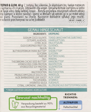Tył opakowania Alterra Szampon w kostce Repair & Glow 60g, z listą składników i informacjami o recyklingu.