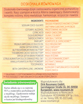Tył opakowania szamponu w kostce Alterra z listą składników, informacjami o ekologii produktu i danych producenta.