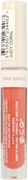 Miss Sporty błyszczyk do ust Juicy Coral, intensywny połysk, w przezroczystej tubce, widok z przodu.