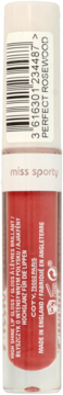 Miss Sporty błyszczyk Perfect Rosewood, czerwony, w przezroczystej tubce z białym zamknięciem, widok z tyłu, kod kreskowy.