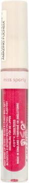 Miss Sporty Precious Shine błyszczyk w odcieniu Amazing Fuchsia, jasnoróżowa butelka z białym korkiem.