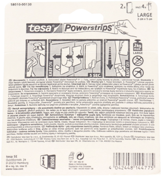 Tył opakowania tesa Powerstrips, klasycznych haczyków, z instrukcją montażu i demontażu, nośność 2 kg.