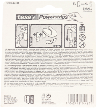 Tył opakowania tesa Powerstrips Small Hooks, białe, z instrukcją użycia i informacją o udźwigu do 1 kg.