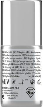 Tył srebrnej butelki Semilac UV Gel Polish z białą etykietą, tekstem w wielu językach i logo Vegan.