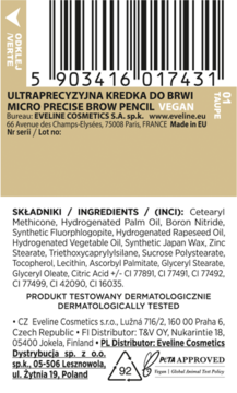 Tył opakowania wegańskiej kredki do brwi Eveline Micro Precise Brow Pencil Taupe z listą składników.