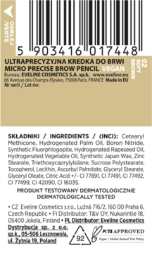 Tył opakowania wegańskiej kredki do brwi Eveline Micro Precise Soft Brown z kodem kreskowym i składnikami.