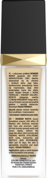 Tył butelki luksusowego podkładu Eveline Wonder Match, beżowy, z czarną zakrętką, widoczne szczegóły i tekst.