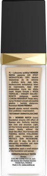 Tył butelki beżowego podkładu Eveline Wonder Match, z czarno-złotą zakrętką i widocznym opisem PL/EN.