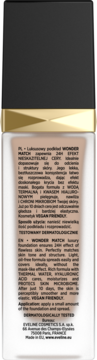 Tył opakowania luksusowego podkładu Wonder Match. Beżowa butelka, złoto-czarna nakrętka, tekst o 24H efekcie i składnikach.