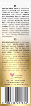 Unicorn Magic Drops primer-serum, tył złotego opakowania z etykietami PL/EN, kodem kreskowym i logo cruelty-free.