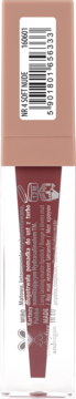 Pionowy widok płynnej pomadki NAM Iconic Matte NR 4 Soft Nude w przezroczystej butelce z beżową zakrętką.