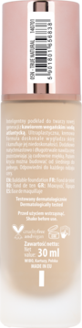 Tył butelki podkładu do twarzy w odcieniu True Natural 30ml, z kodem kreskowym, opisem i symbolami vegan.