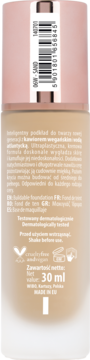 Wegański podkład do twarzy 30 ml, tył opakowania w kolorze Sand, z etykietą, kodem kreskowym i logiem vegan.