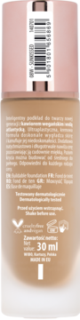 Tył beżowego podkładu do twarzy Sunkissed, etykieta z polskim opisem, ikonami wegańskimi i kodem kreskowym.