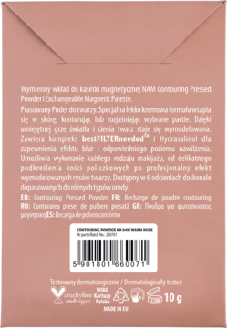 Tył różowego opakowania NAM Contouring Pressed Powder Warm Nude 10g z kodem EAN.