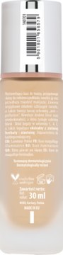 Tył opakowania rozświetlającej bazy NAM Smart Radiance 30 ml, beżowa butelka z białymi napisami i kodem kreskowym.