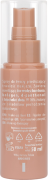 Tył beżowej butelki NAM Pro Setting Spray 50ml. Wegańska mgiełka utrwalająca makijaż.