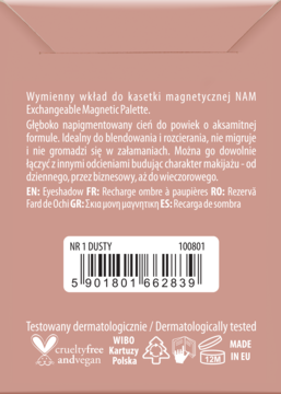 Tył opakowania wymiennego wkładu cienia NAM NR 1 DUSTY do magnetycznej palety, w kolorze pudrowego różu, widoczny barcode.