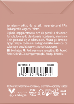 Tył opakowania cienia NAM Mocca nr 9 do palety magnetycznej, widoczne etykieta i certyfikaty.