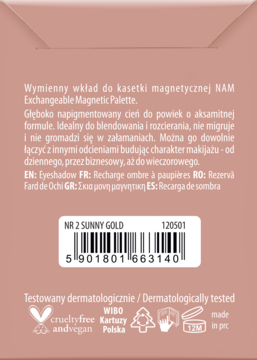 Tył opakowania wymiennego wkładu cienia NAM Foil Eyeshadow w odcieniu Sunny Gold z tekstem i kodem kreskowym.