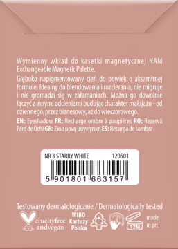Tył jasnoróżowego opakowania wkładu cienia NAM NR 3 STARRY WHITE z opisem i kodem kreskowym.