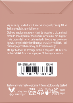 Tył różowego opakowania wymiennego wkładu cienia NAM Foil Eyeshadow Stellar Pink z tekstem i kodem kreskowym.