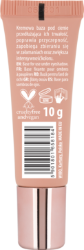 Tył różowej tubki bazy Wibo Creamy Eyeshadow Base z opisem, ikonami wegan i kodem kreskowym.