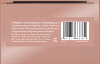 Tył różowo-złotej, magnetycznej palety do makijażu na wymienne wkłady, z etykietą i kodem kreskowym.