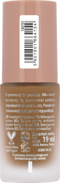 Tył brązowej butelki NAM Smart Foundation darkener 19ml, widoczny kod kreskowy, certyfikat cruelty-free i napis 'MADE IN EU'.