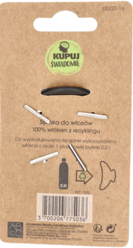 Kartonowy tył opakowania spinki do włosów z recyklingu, z hasłem KUPUJ ŚWIADOMIE i kodem EAN.