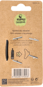 Tył brązowego opakowania spinki do włosów wykonanej z recyklingu (włókna z 1 butelki 0,5L), logo Kupuj Świadomie.
