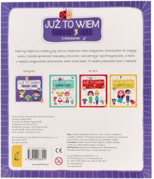 Tylna okładka fioletowej książki edukacyjnej „Już to wiem, elementarz 3-latka z naklejkami” z opisem i logo.