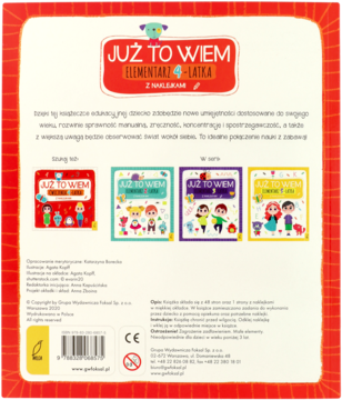 Tył czerwonej okładki książeczki edukacyjnej "JUŻ TO WIEM Elementarz 4-latka", z opisem i miniaturami innych książek z serii.